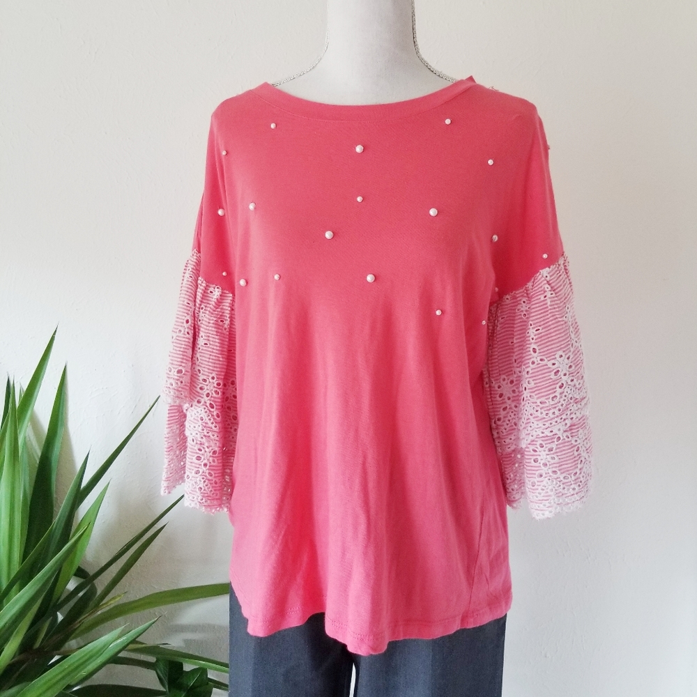 Life Style Coral Peach Pearl Studded Eyelet Tee S